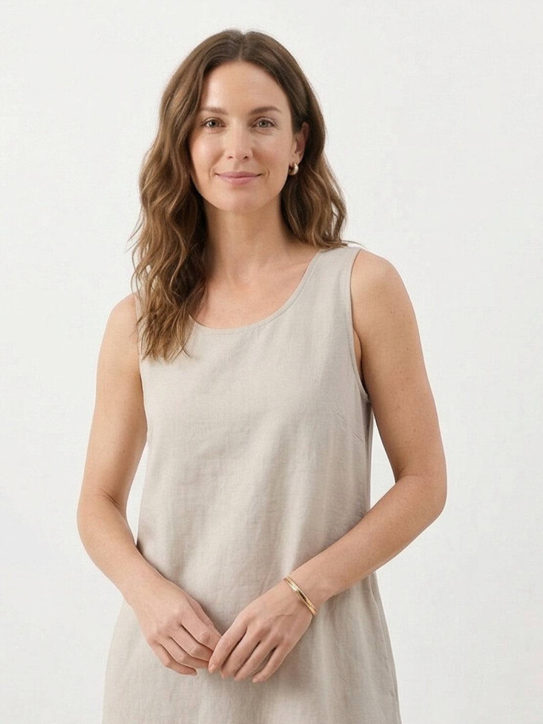 Lightweight cotton linen sleeveless maxi dress with round neckline and relaxed ankle-length fit