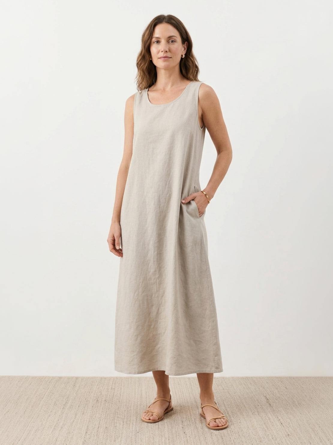 Lightweight cotton linen sleeveless maxi dress with round neckline and loose flowing ankle-length silhouette