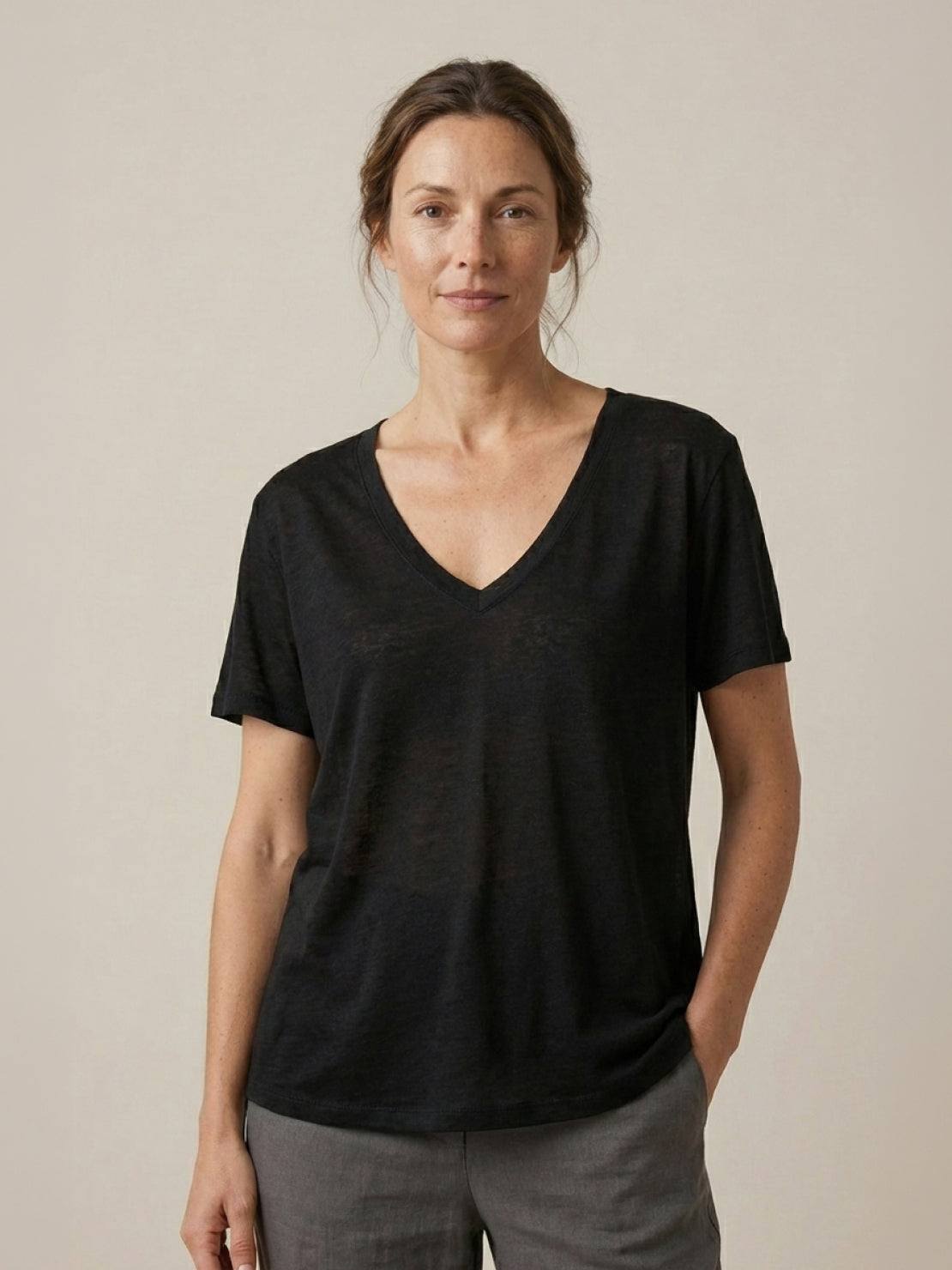 Linen-Bamboo V-Neck Tee with deep V-neck, short sleeves, relaxed fit, breathable linen and bamboo blend fabric