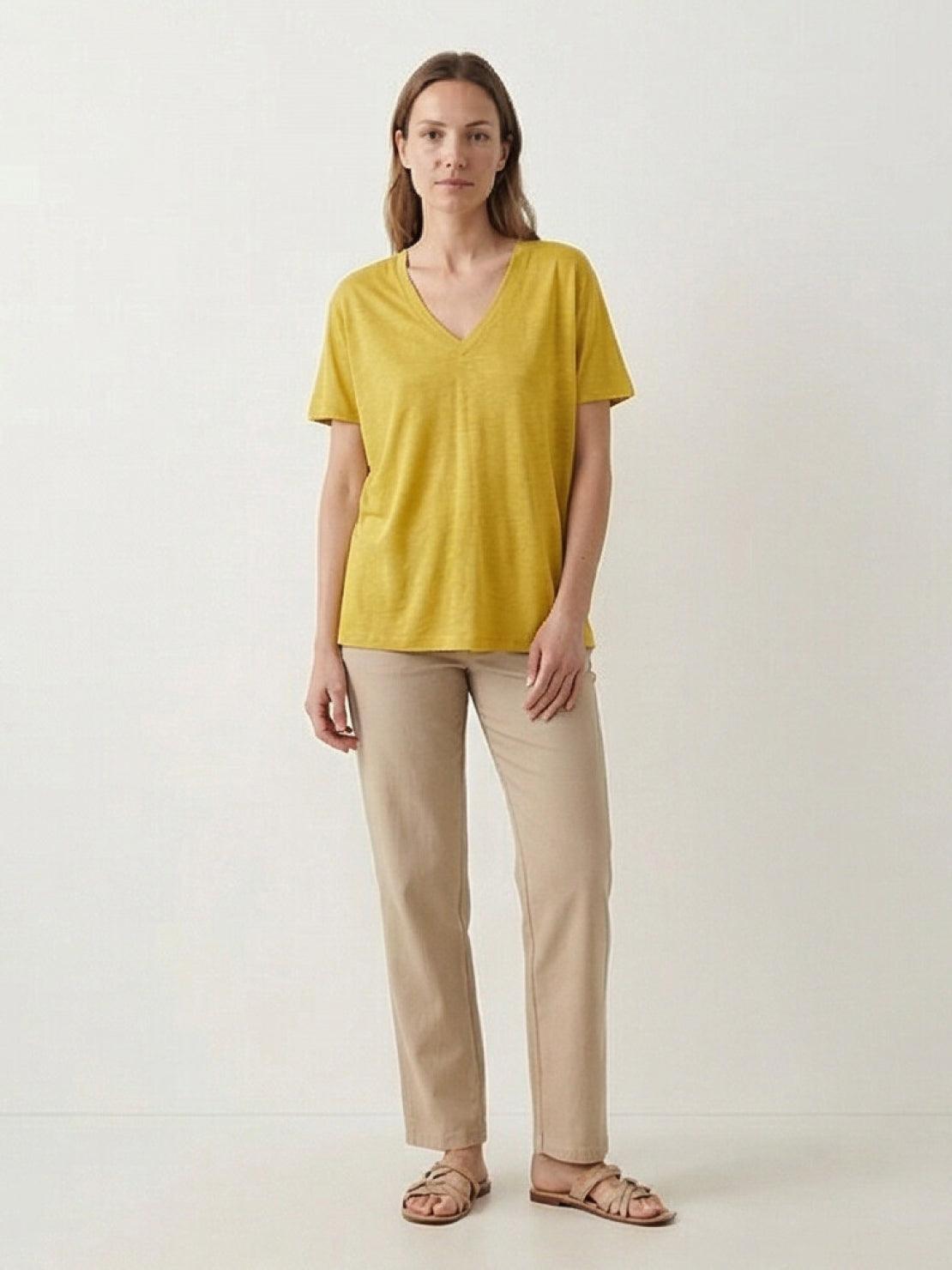 Relaxed Linen-Bamboo V-Neck Tee with deep V-neckline and smooth bamboo viscose blend fabric