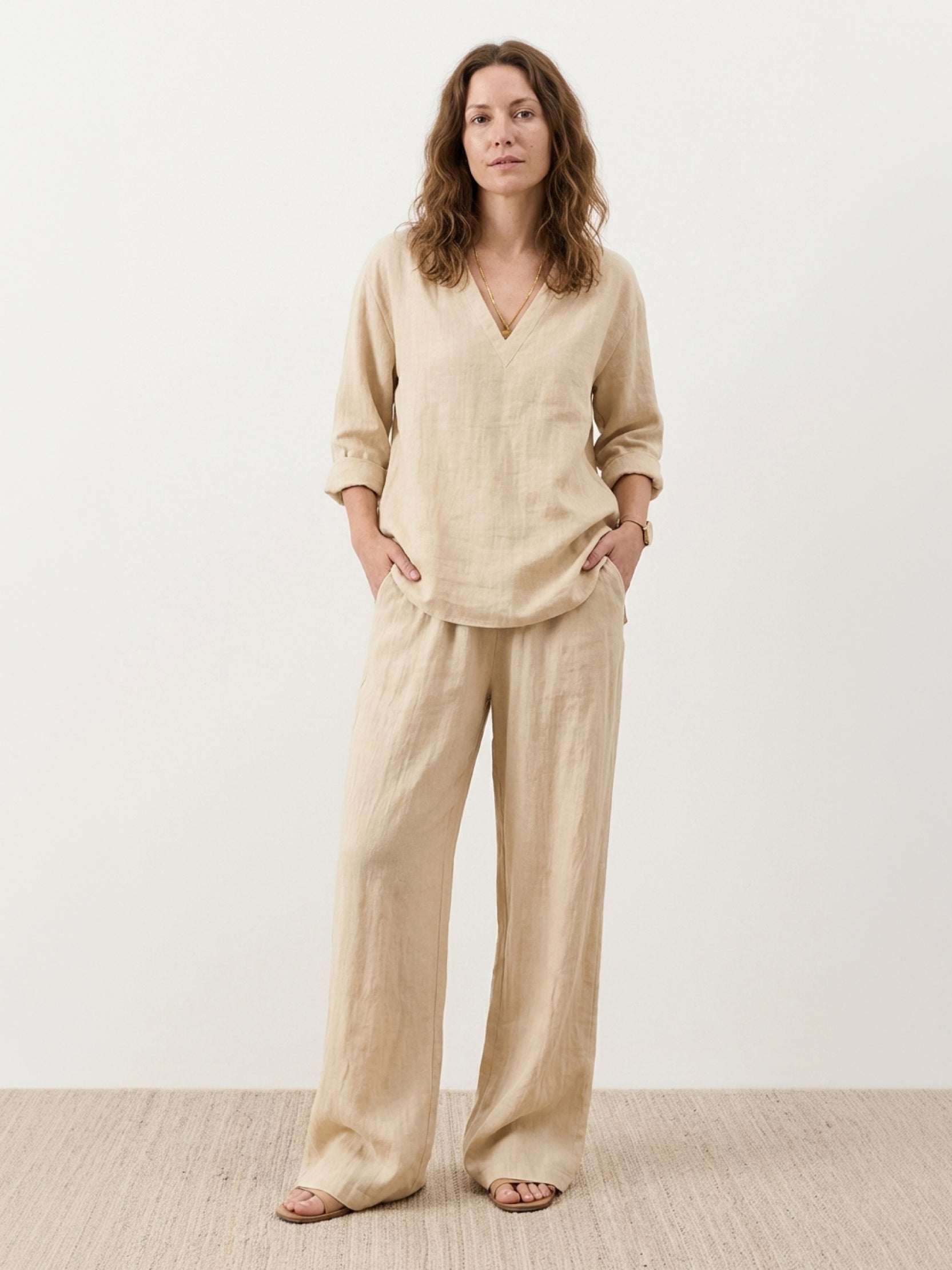 Lightweight 100% cotton linen set with V-neck top and wide-leg pants