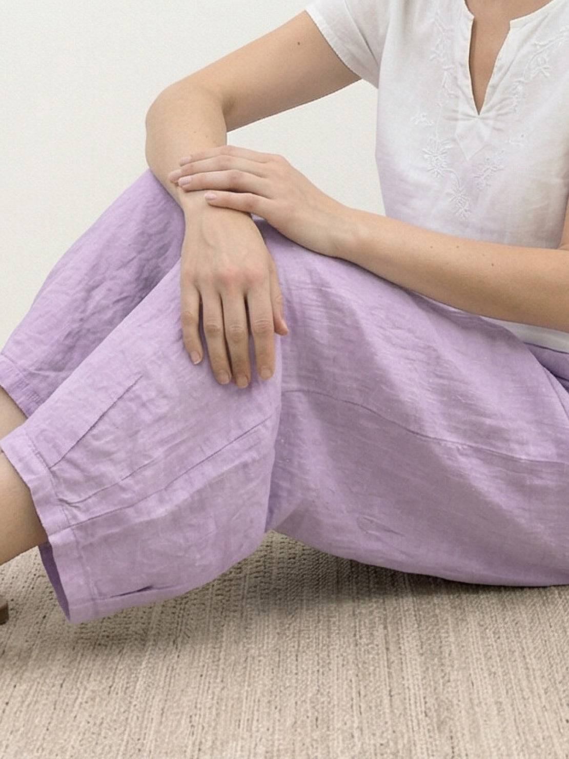 100% linen harem balloon pants with elastic drawstring waistband and side pockets