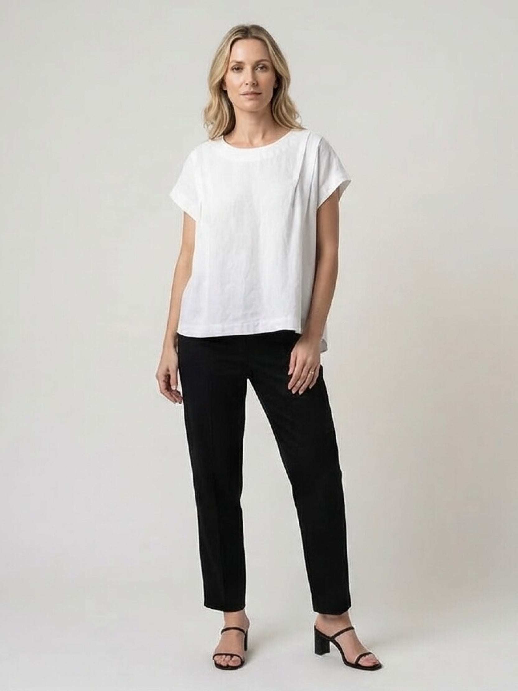 100% linen boxy cap-sleeve top with folded-edge sleeves and hip-length hem