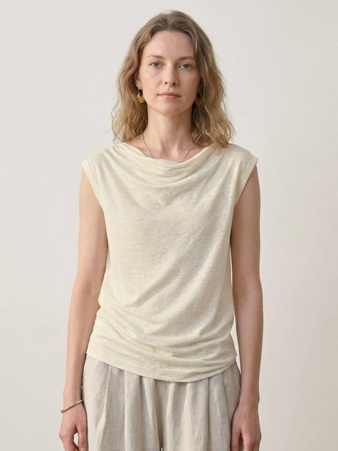 100% linen wide neck vest with cowl drape and boat neck styles