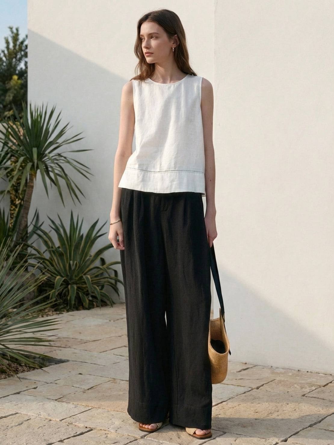 White Tencel-linen pleated wide-leg pants with hook-and-zipper closure and low-rise fit