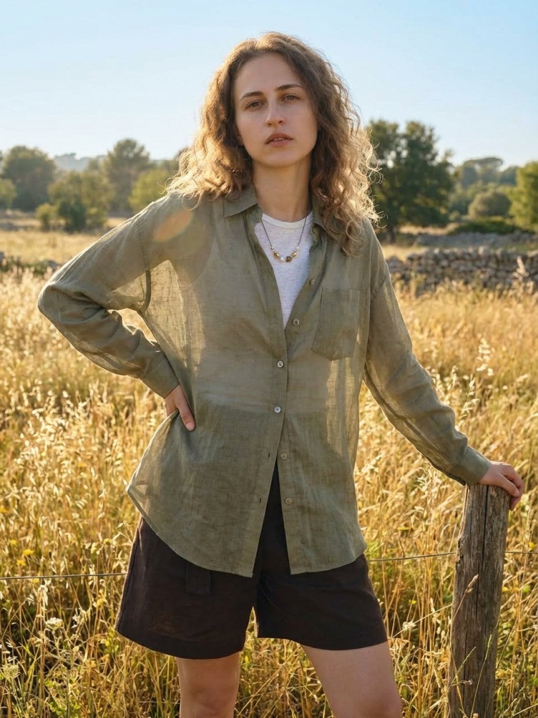 100% Linen Sheer Overshirt with relaxed fit and semi-transparent fabric for summer layering
