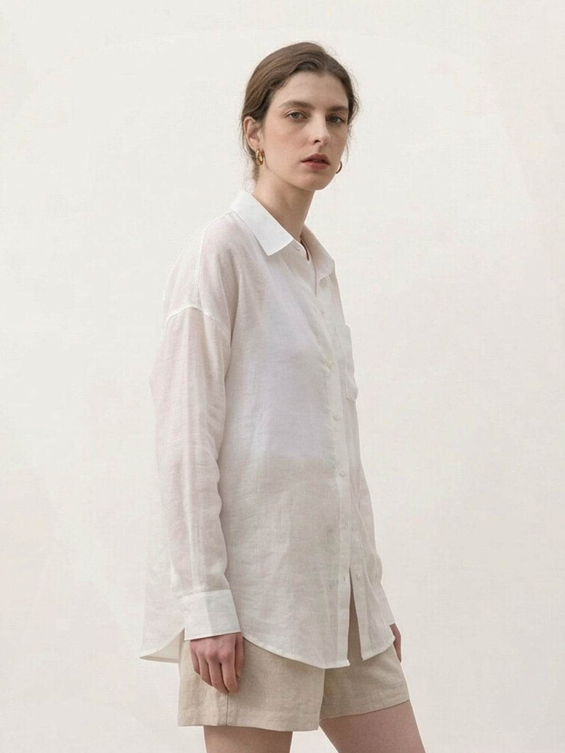 Lightweight 100% linen sheer overshirt with oversized fit and button front