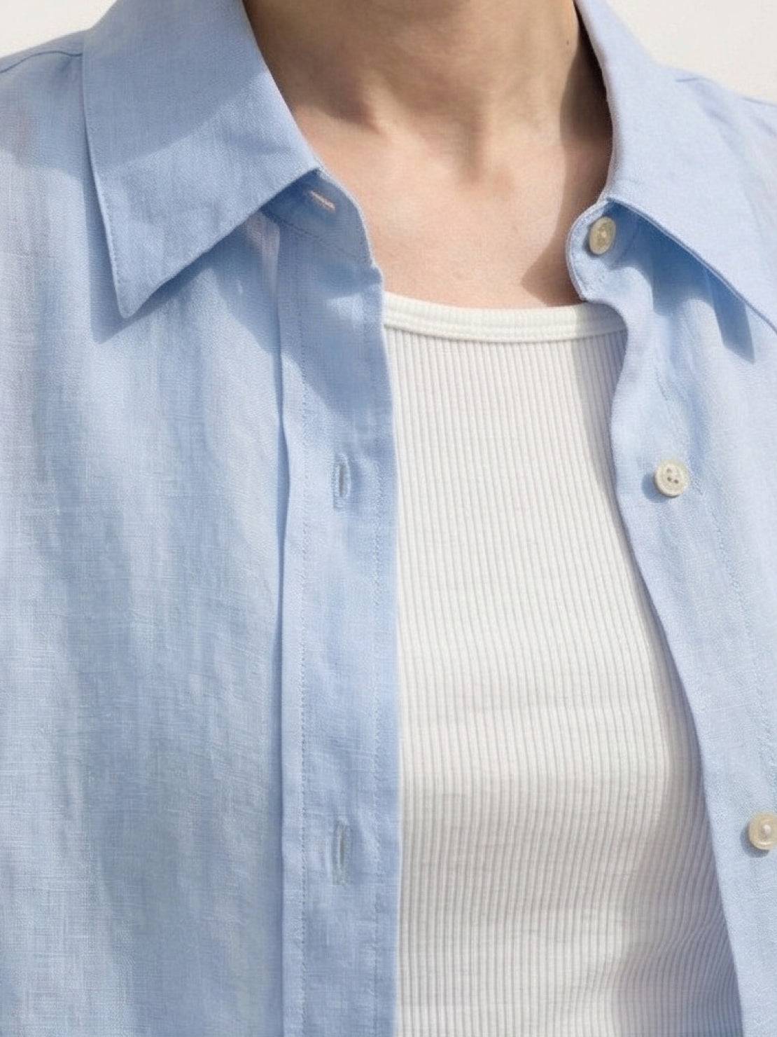 Oversized 100% linen dropped-shoulder shirt with long rollable sleeves and side slits