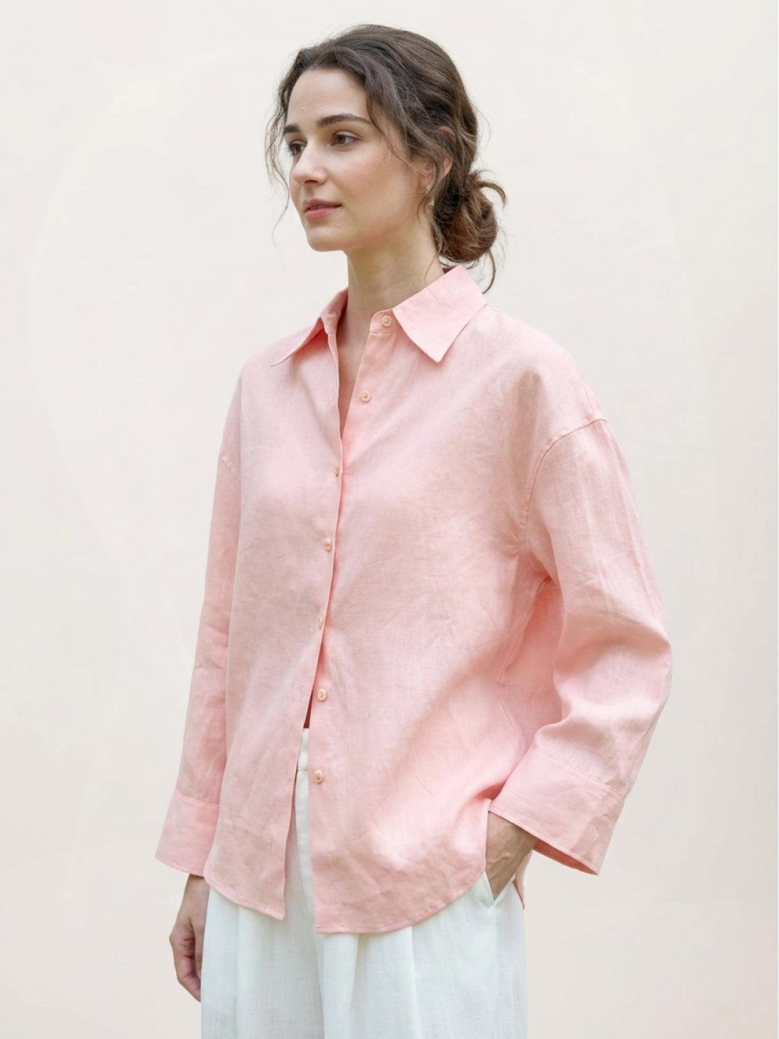 Loose oversized 100% linen dropped-shoulder shirt with button front and rollable long sleeves