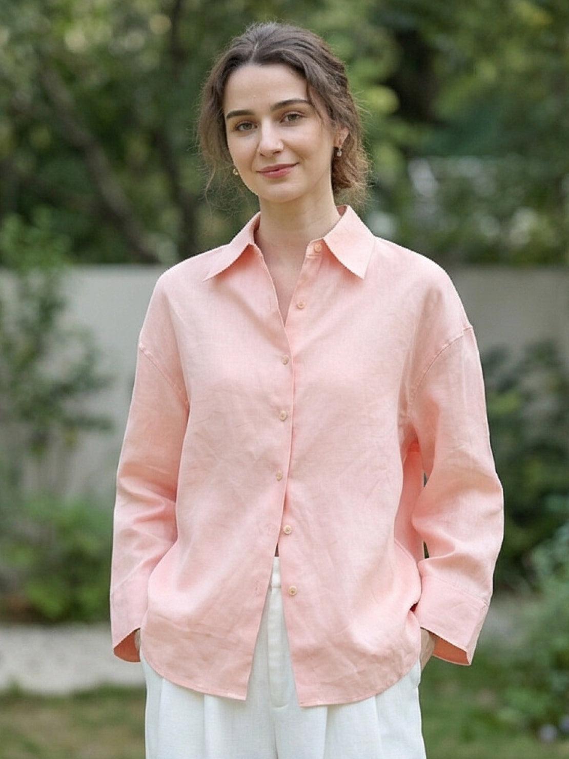 100% linen oversized dropped-shoulder shirt with long rollable sleeves and side slits