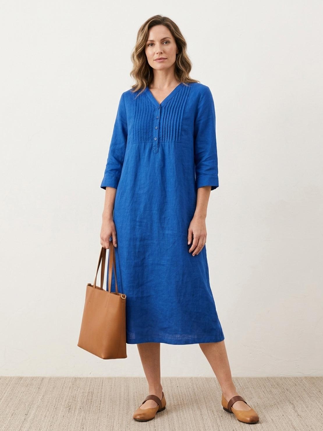 Relaxed A-line cotton linen dress with vertical pintuck pleats and 3/4 sleeves for breathable, comfortable wear