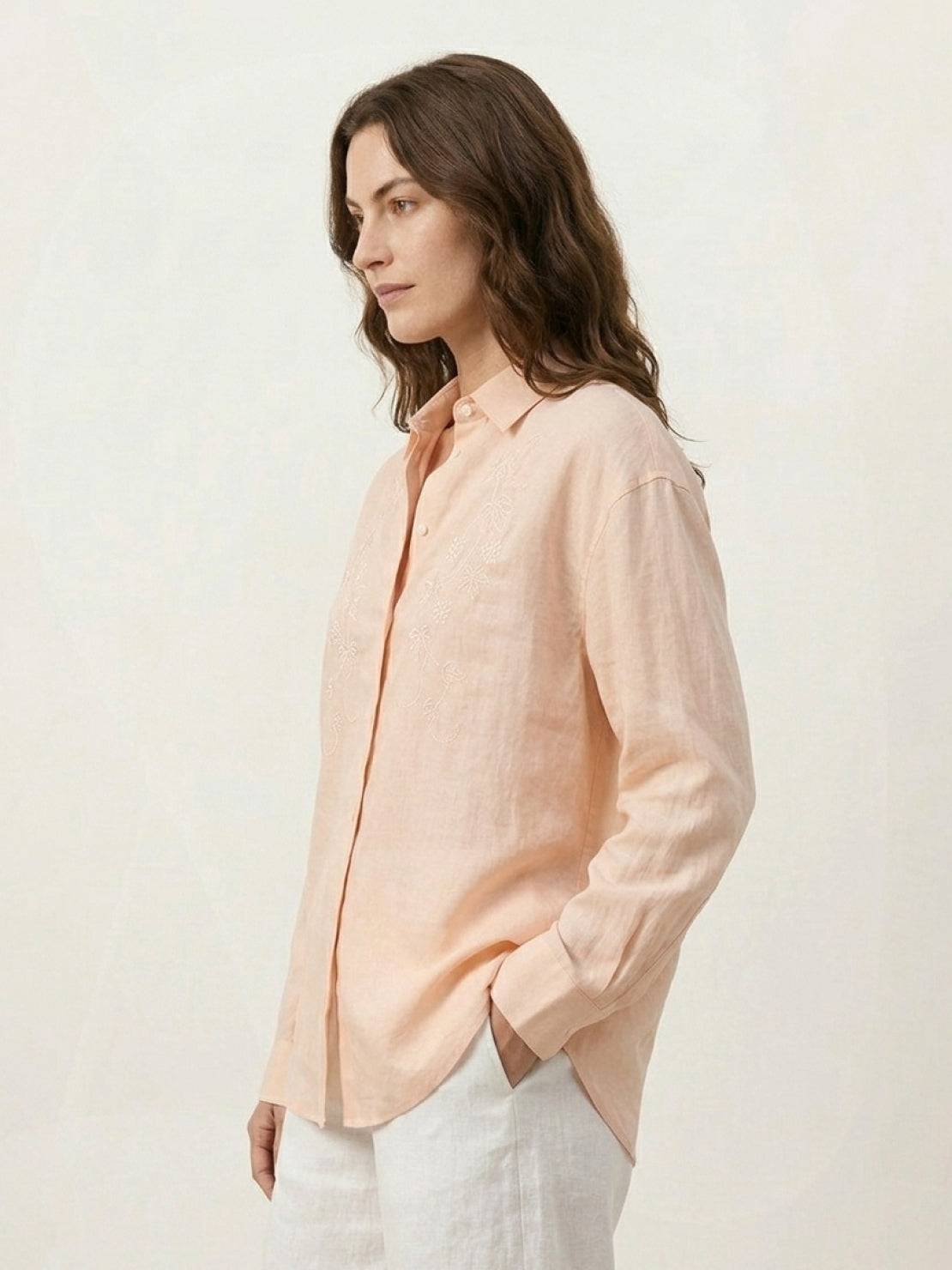 Ramie linen-lyocell embroidered long-sleeve shirt with curved hem and floral details