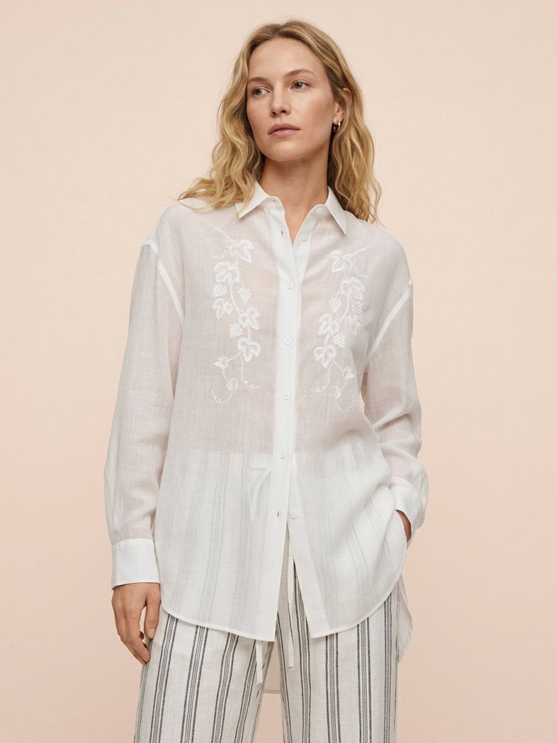 White Ramie Linen-Lyocell embroidered tunic shirt with curved hem and side slits