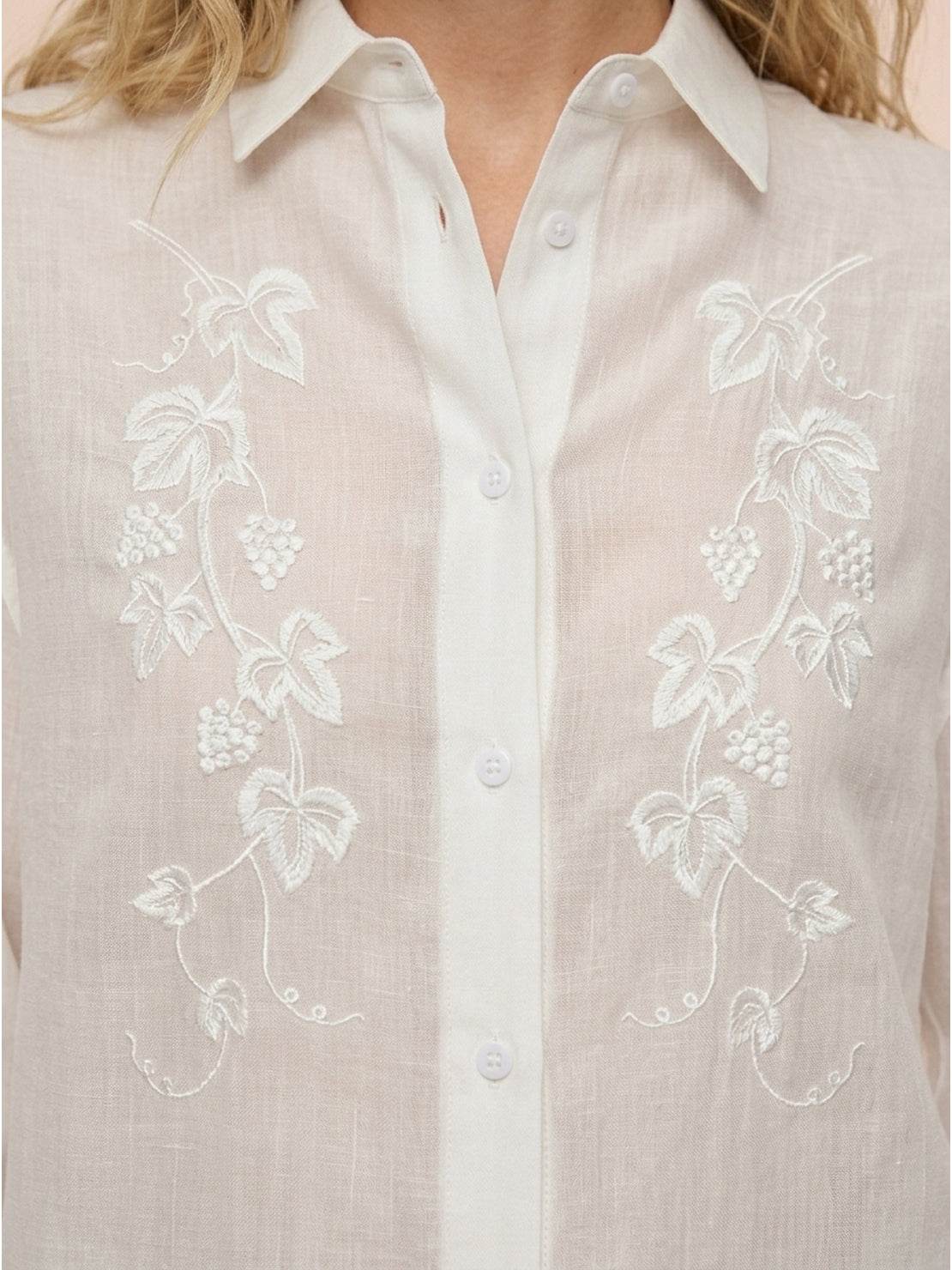 Ramie linen-lyocell blend embroidered white relaxed tunic shirt with curved hem and side slits