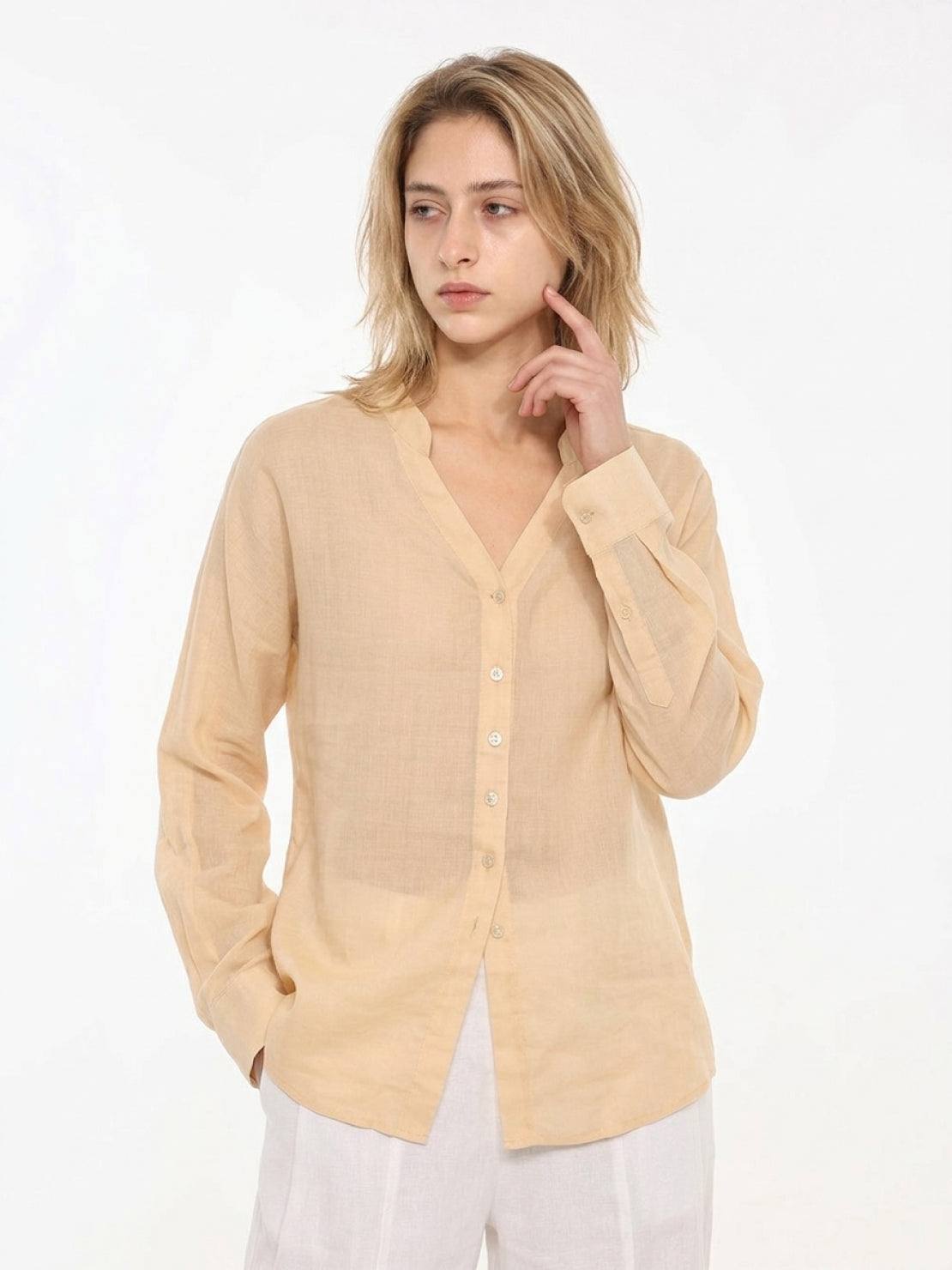 Lightweight 100% linen relaxed fit V-neck shirt with long wide cuffs and curved hem