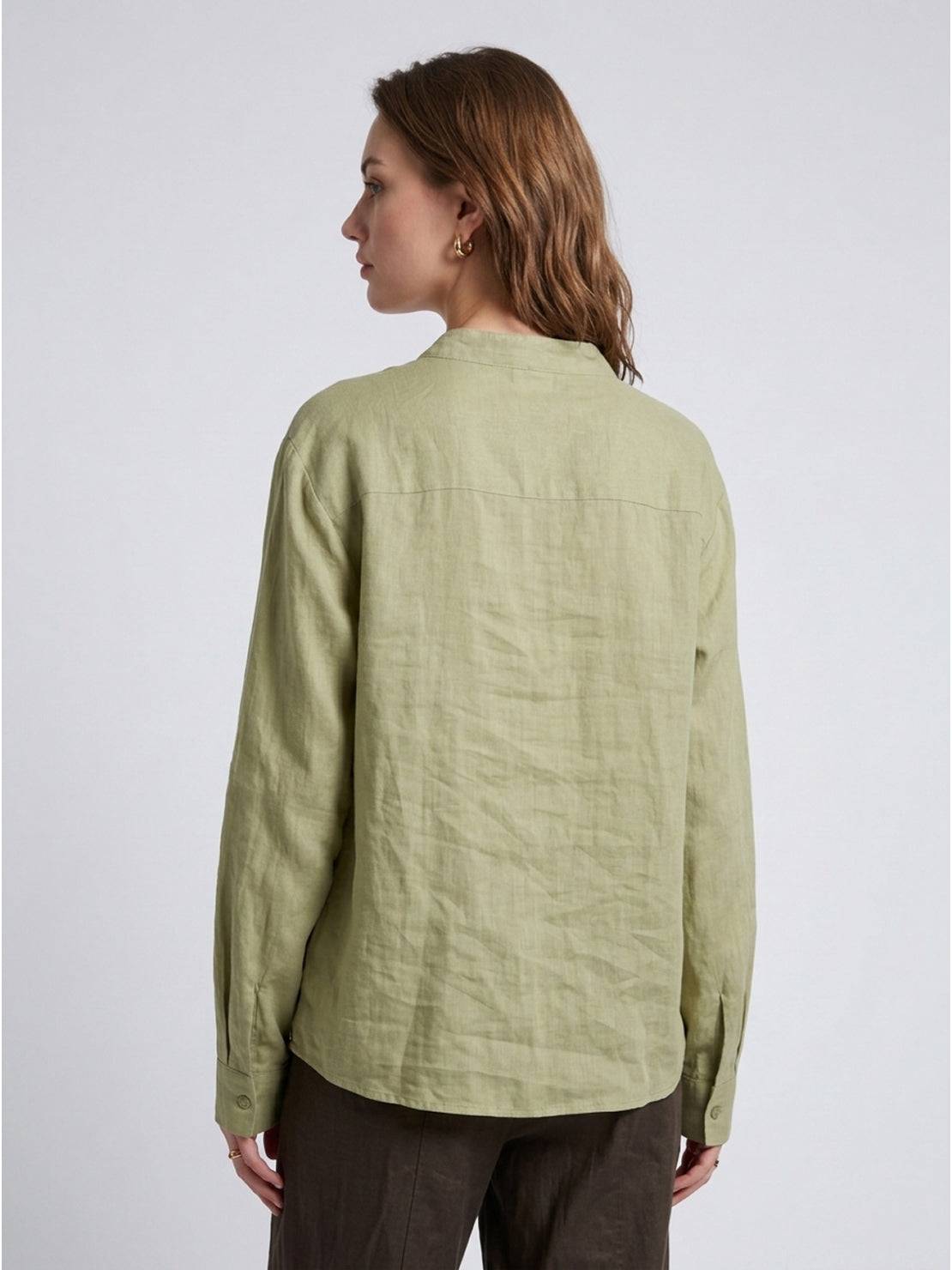 Relaxed fit 100% linen V-neck shirt with long sleeves and button cuffs in neutral tones