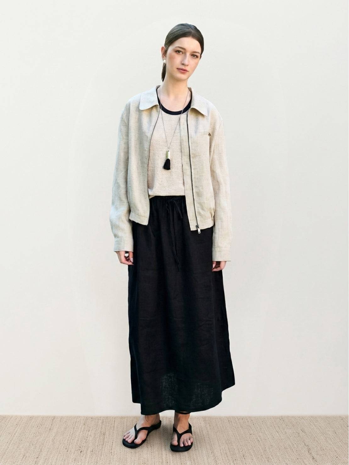 Linen-Lyocell zip bomber jacket with cropped boxy fit and ribbed waistband