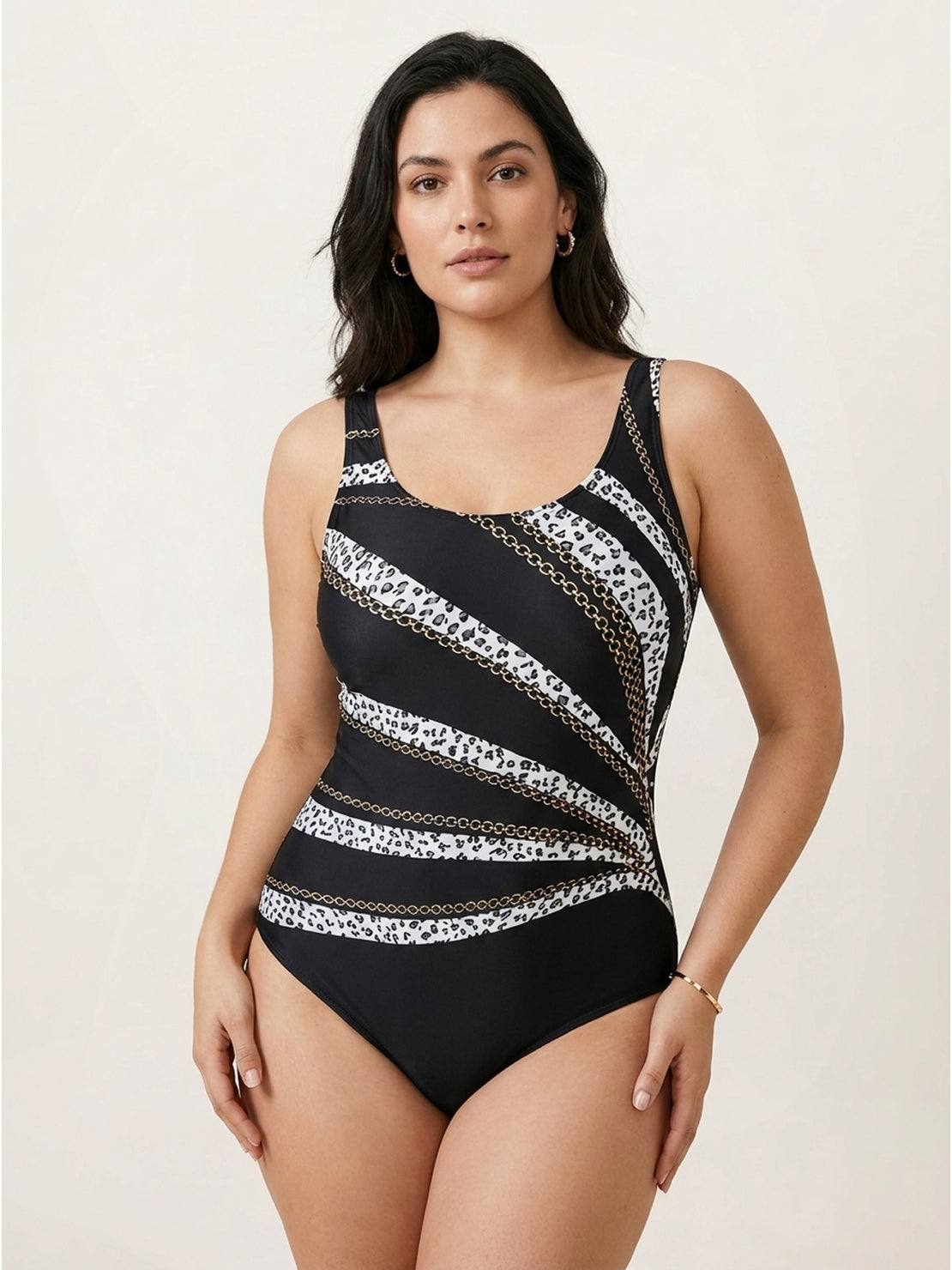Curve-Fit open-back swimsuit with scoop front, adjustable straps, and diagonal back panels