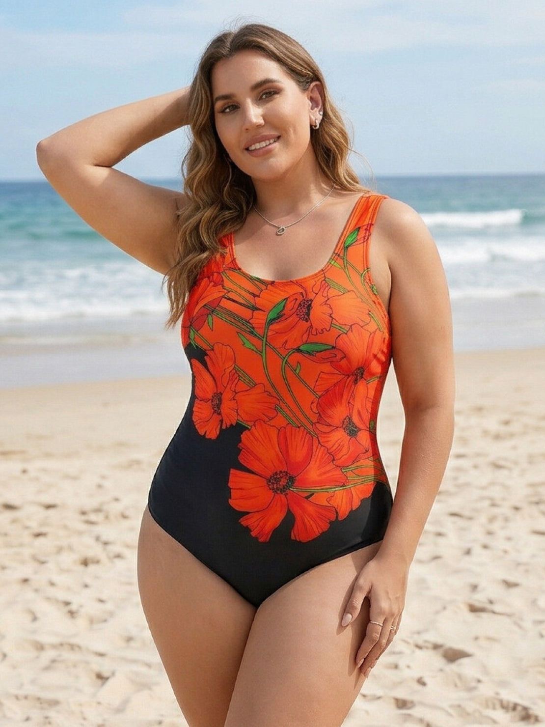 Curve-Fit Open-Back Swimsuit with deep V back, adjustable straps, and diagonal panel design.