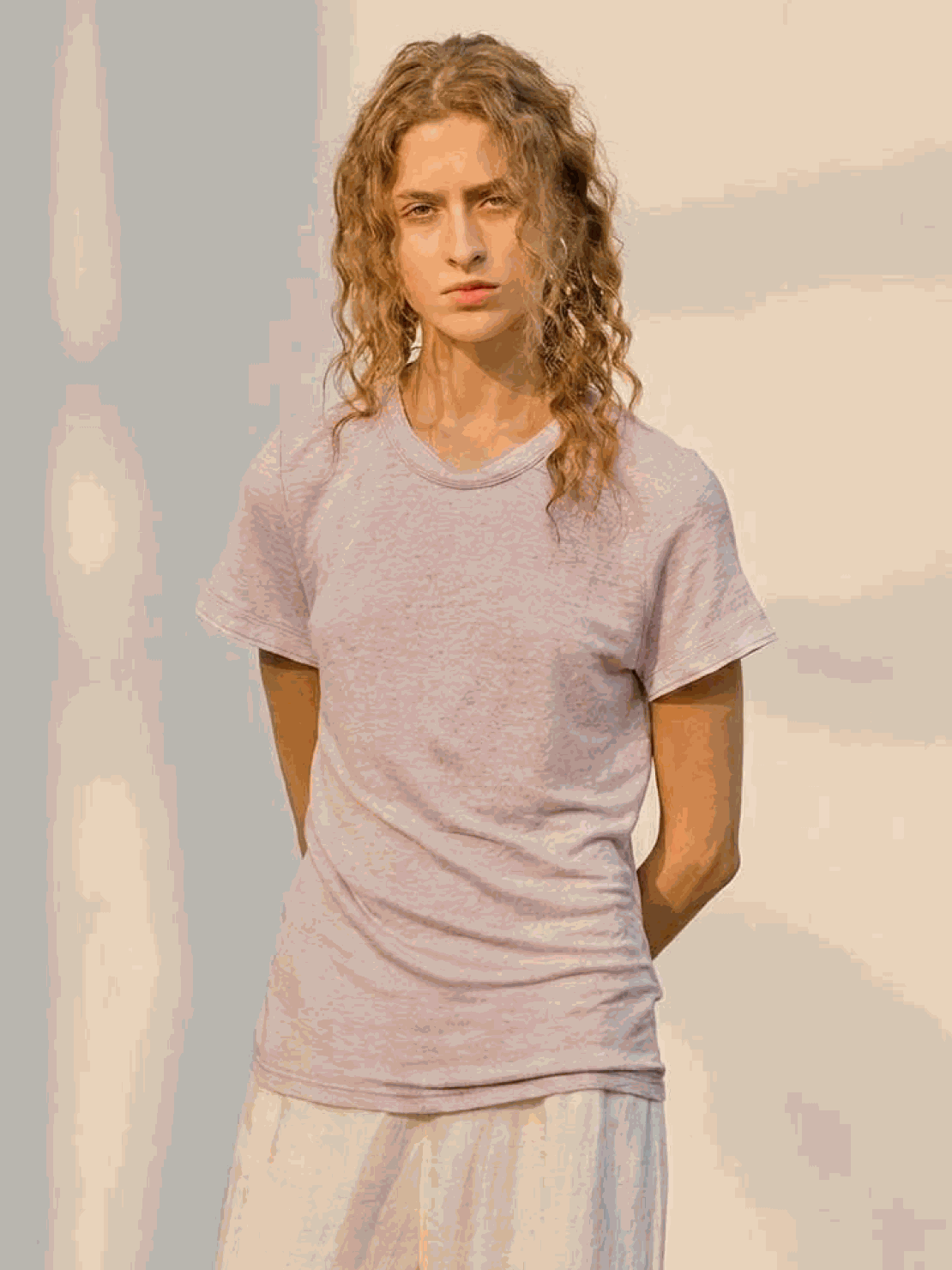 100% linen rolled cuff tee with contrast inner lining, lightweight breathable fabric in white, yellow, and pink colors