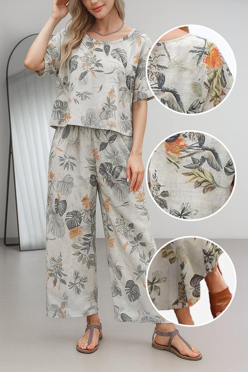 Lightweight Breezy Meadow two-piece set with relaxed fit and wide-leg trousers on white background