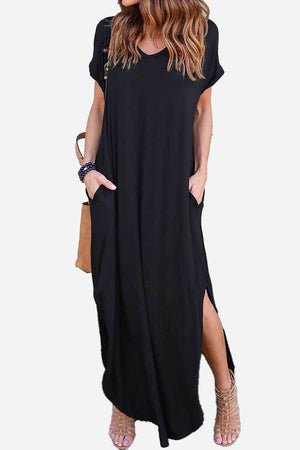Black side slit maxi dress with pockets and rolled sleeves