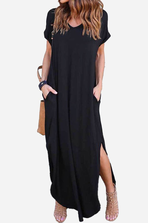 Black side slit maxi dress with pockets and rolled sleeves