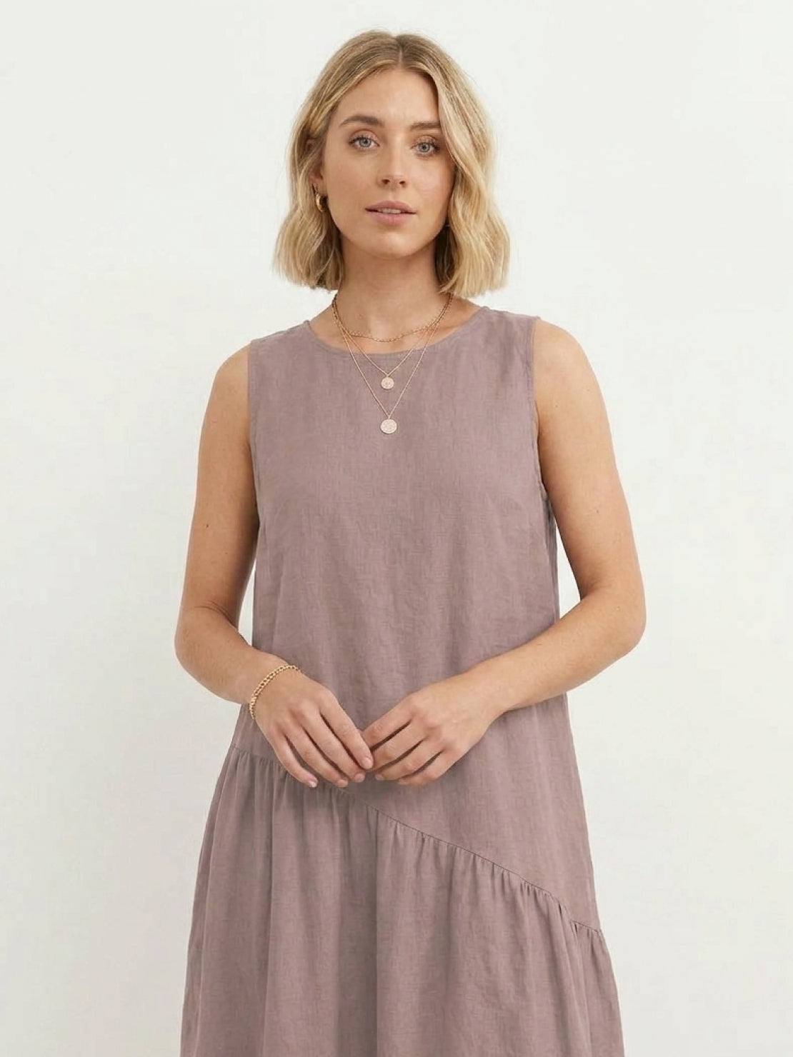 Cotton-linen summer midi dress with tiered skirt and relaxed drop-waist silhouette in lightweight fabric
