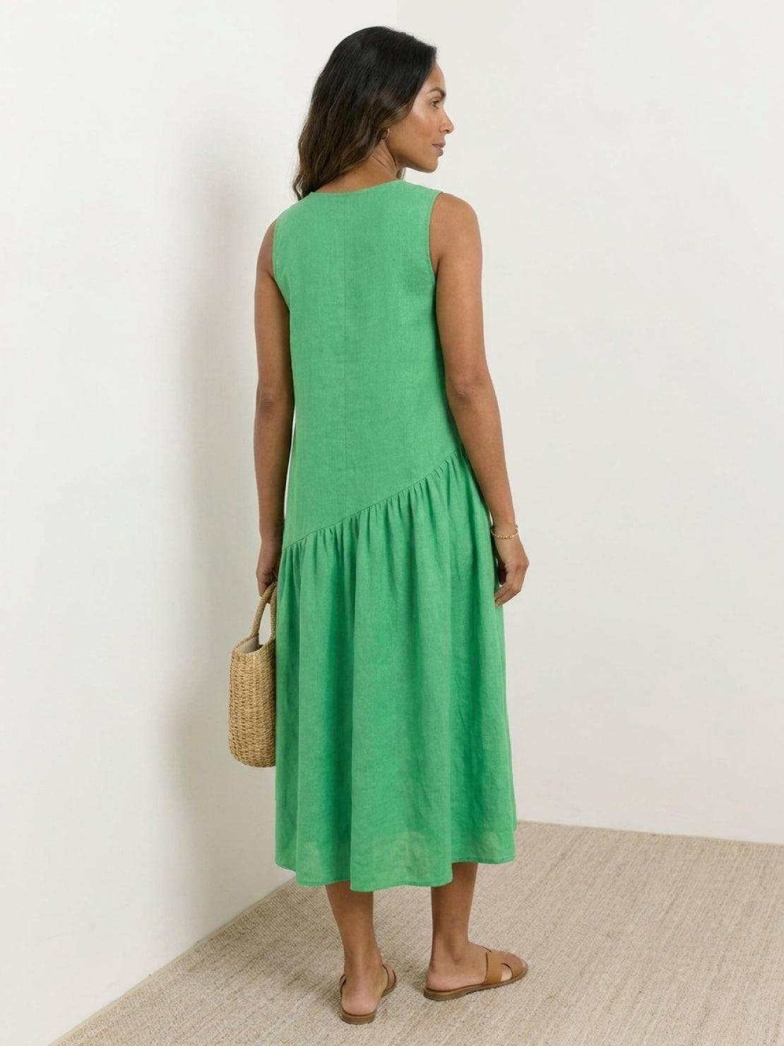 Cotton-linen summer midi dress with tiered skirt and relaxed drop-waist silhouette in lightweight fabric