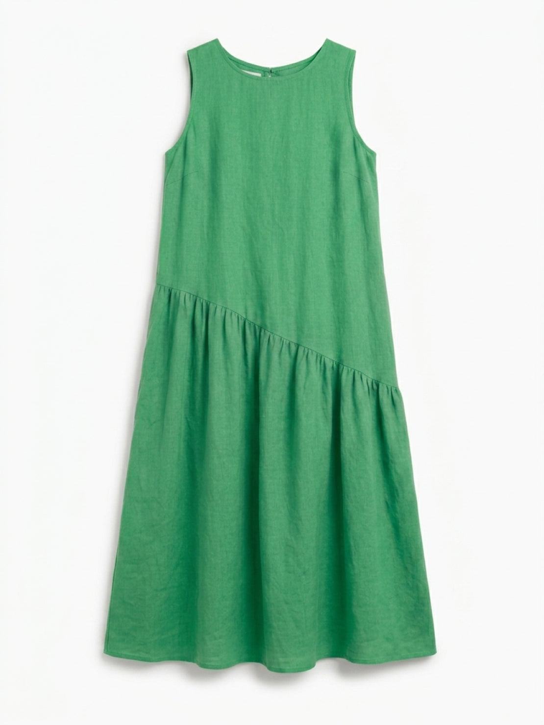 Cotton-linen summer midi dress with tiered skirt and relaxed drop-waist silhouette in lightweight fabric