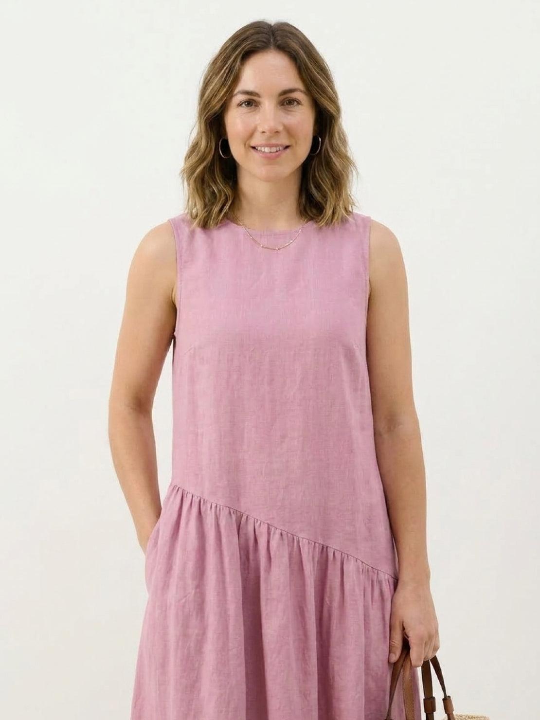 Cotton-linen summer midi dress with tiered skirt and relaxed drop-waist silhouette in soft fabric blend