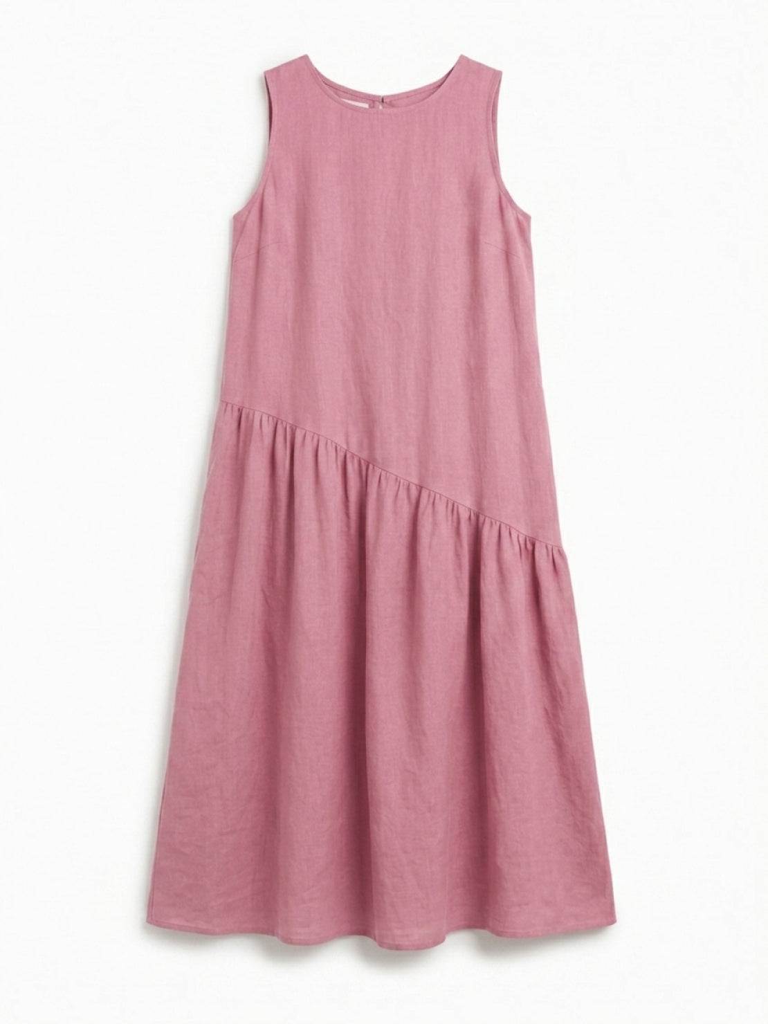 Cotton-linen summer midi dress with tiered skirt and relaxed drop-waist silhouette in light fabric