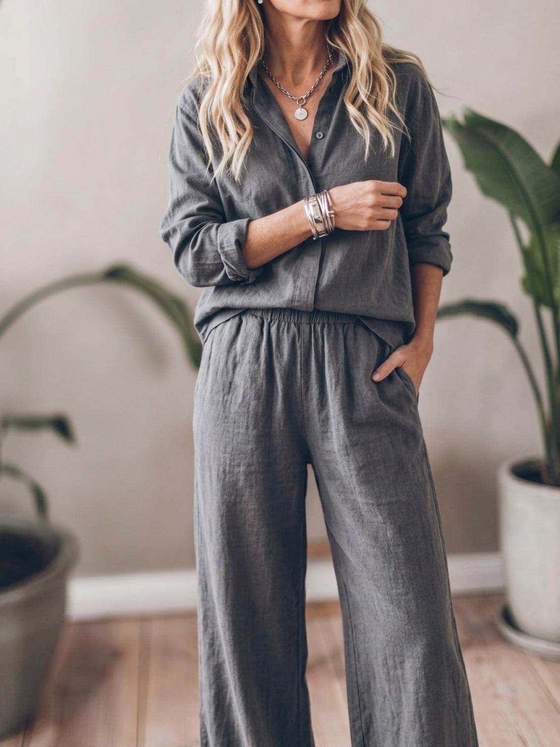 Model wearing oversized 100% cotton shirt and wide-leg pants co-ord set in relaxed fit