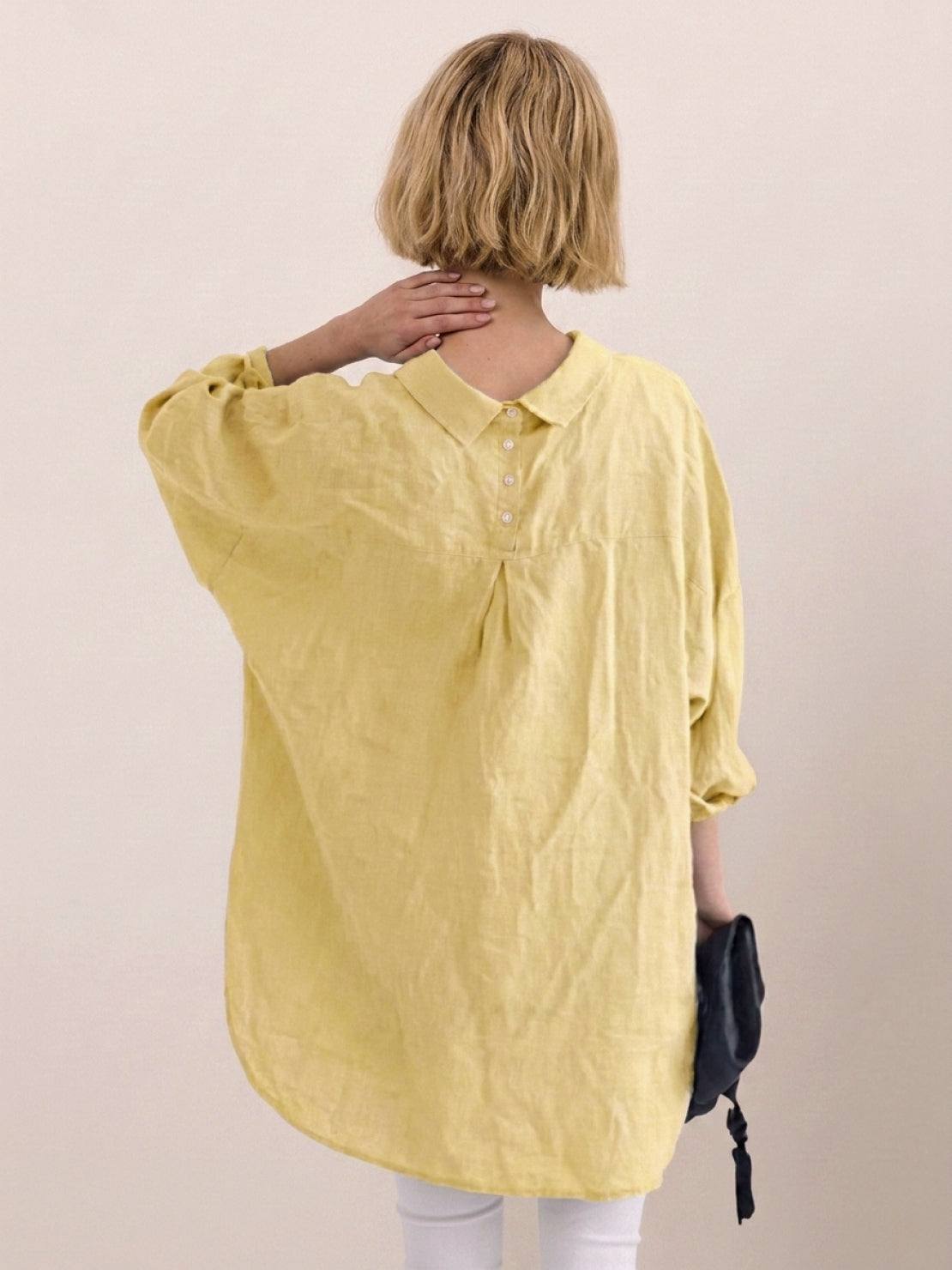 relaxed oversized 100% cotton linen shirt with dropped shoulders and back pleat detail
