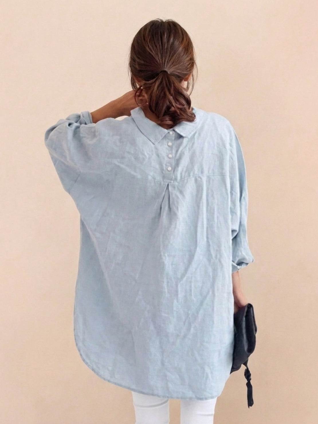relaxed oversized 100% cotton linen shirt with dropped shoulders and back pleat detail