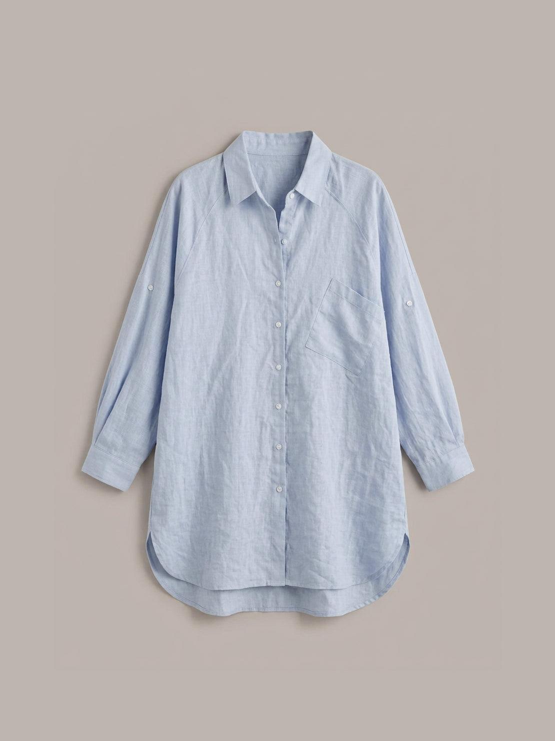 relaxed oversized 100% cotton linen shirt with dropped shoulders and back-pleat detail
