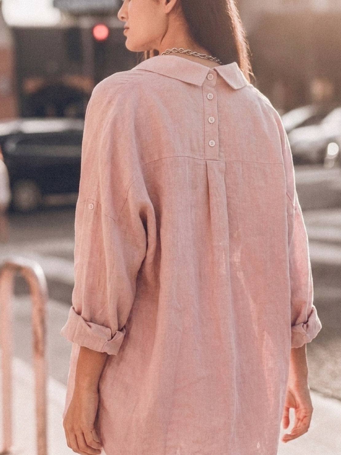Oversized relaxed fit cotton linen shirt with dropped shoulders and back pleat detail