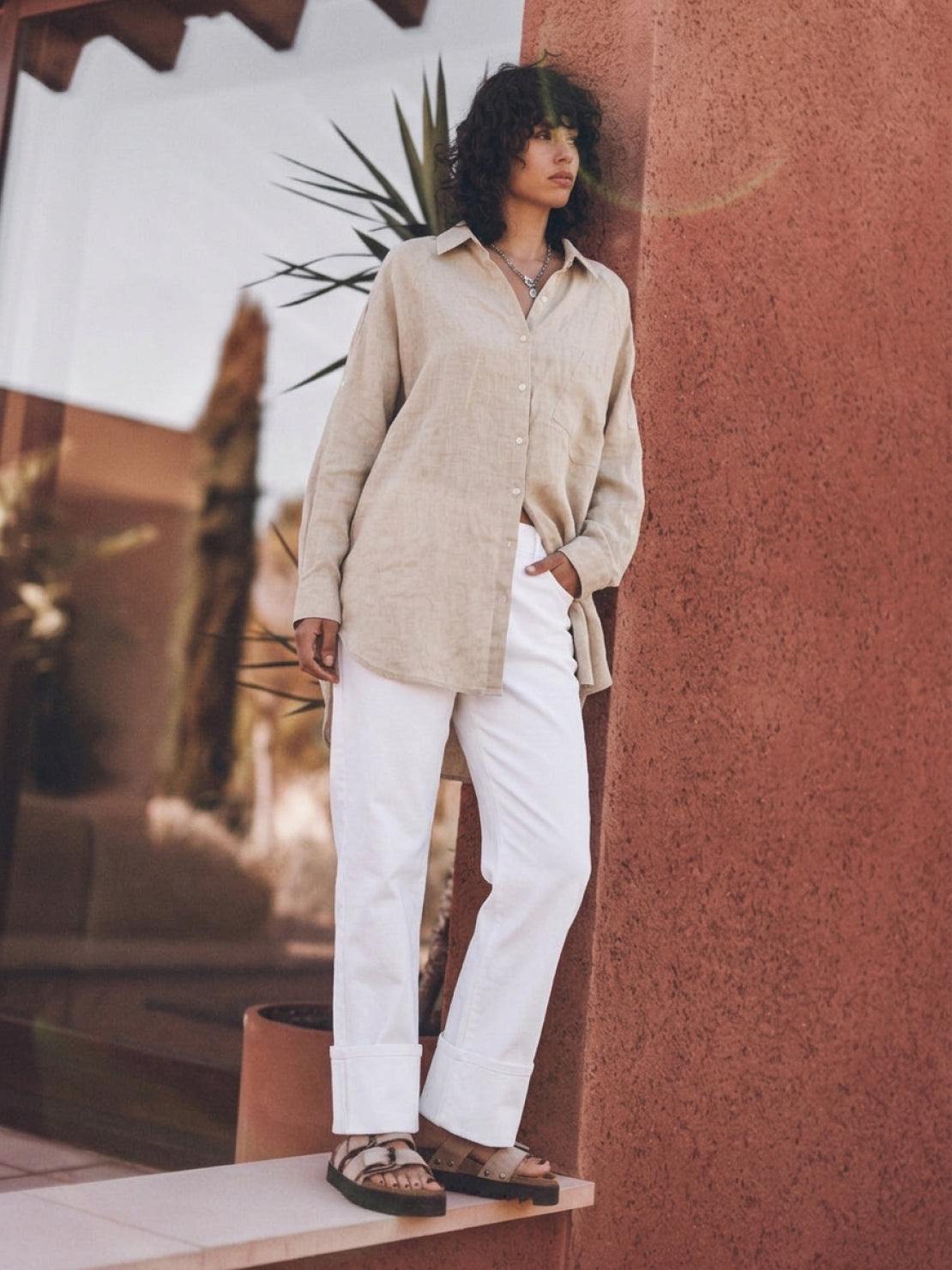 oversized relaxed fit cotton linen shirt with dropped shoulders and back pleat detail