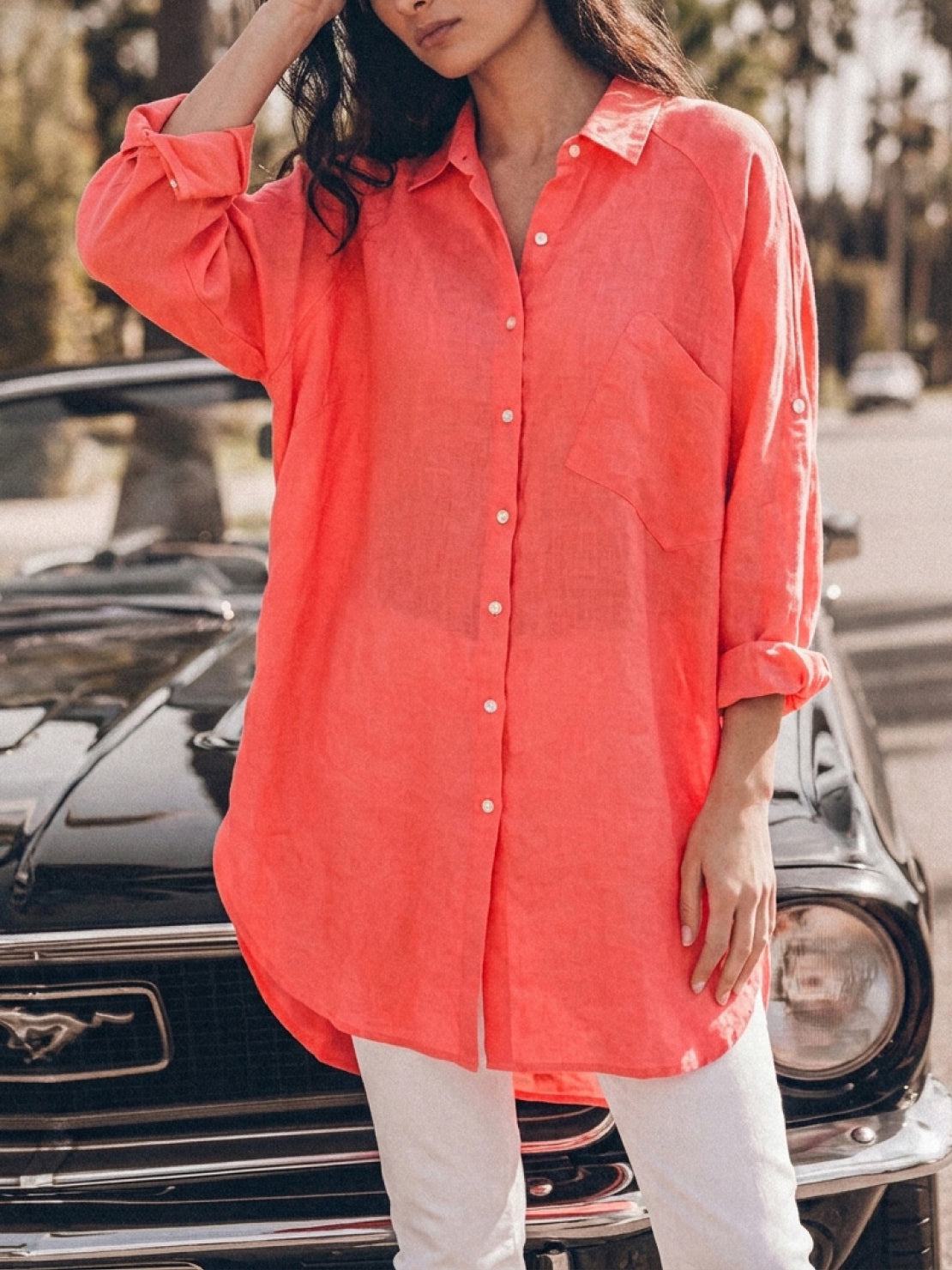 relaxed oversized 100% cotton linen shirt with dropped shoulders and back pleat detail