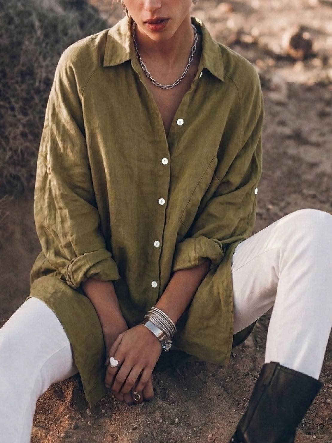 oversized relaxed cotton linen shirt with dropped shoulders and back pleat detail