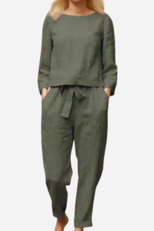 100 cotton linen monochrome olive green two-piece women's lounge set