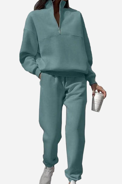 Women's Classic Airplane Set mint green cotton blend two-piece tracksuit with high collar and zipper neckline