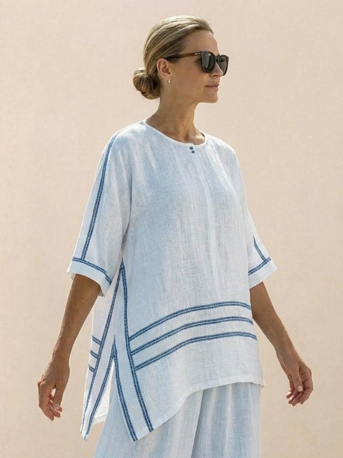 Coastal Comfort Linen two-piece set with linen fabric and lace crochet details
