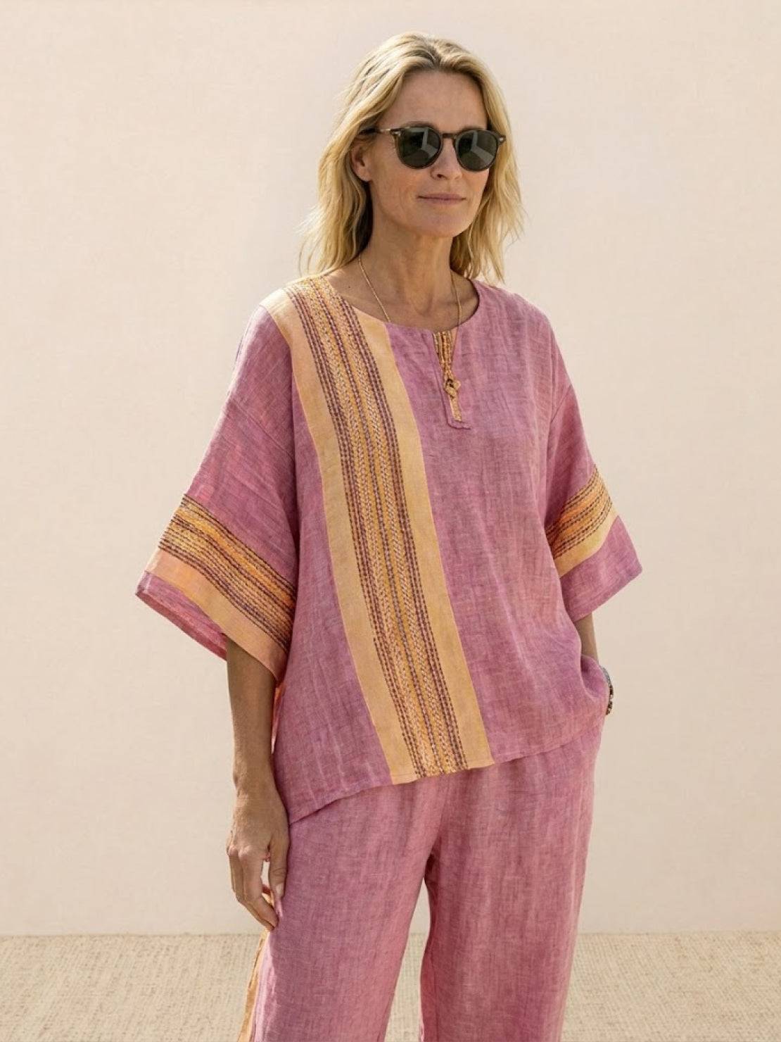 Coastal Comfort Linen two-piece set with lace details and breathable fabric on model