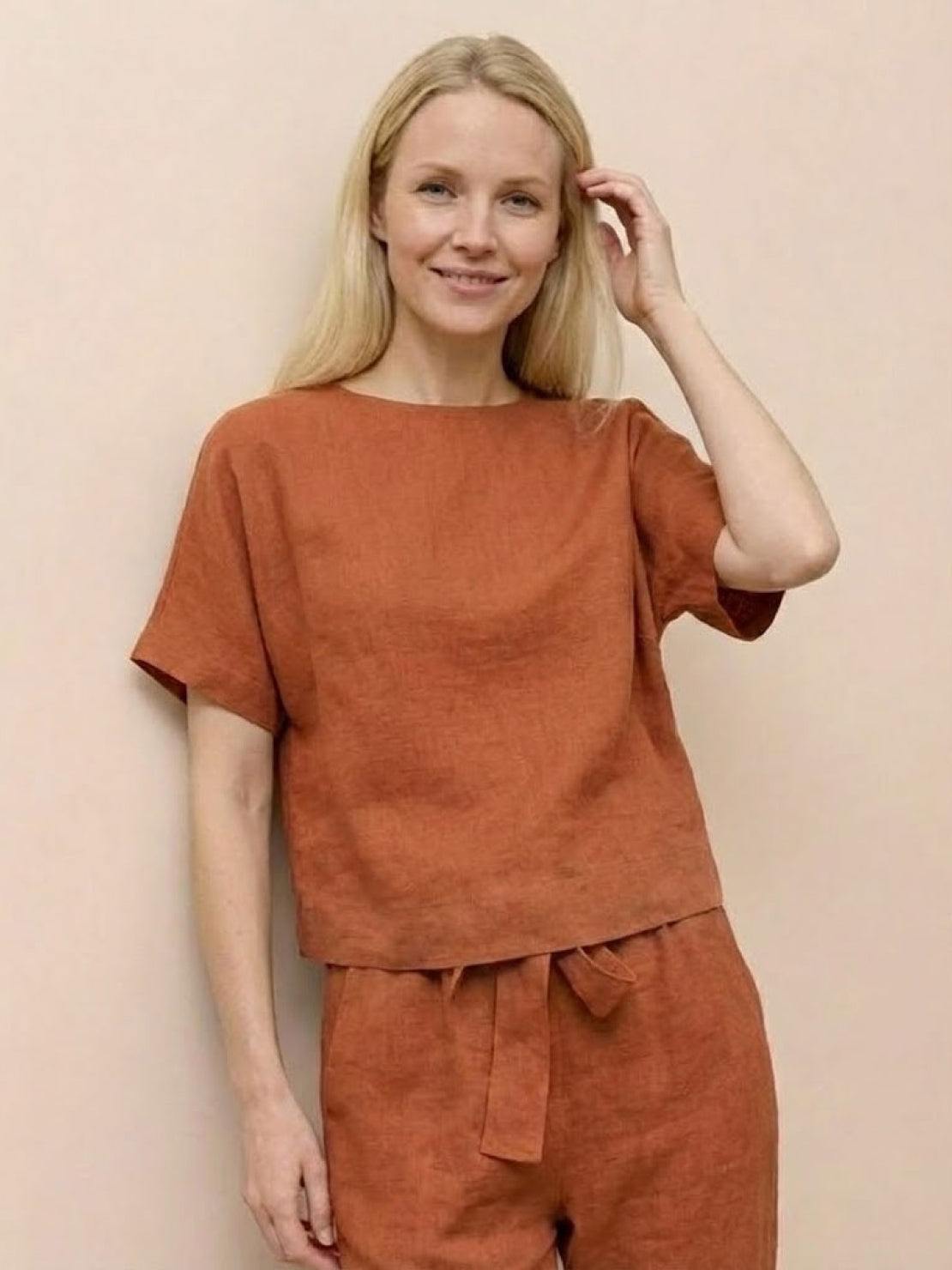 Cotton-linen blend monochrome two-piece set with relaxed fit and breathable fabric