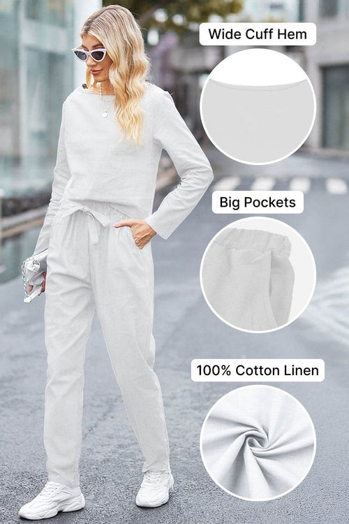 Woman wearing relaxed longline top and fluid wide-leg pants set in monochrome cotton-linen fabric with wide cuff hem and big pockets Cotton-Linen Monochrome