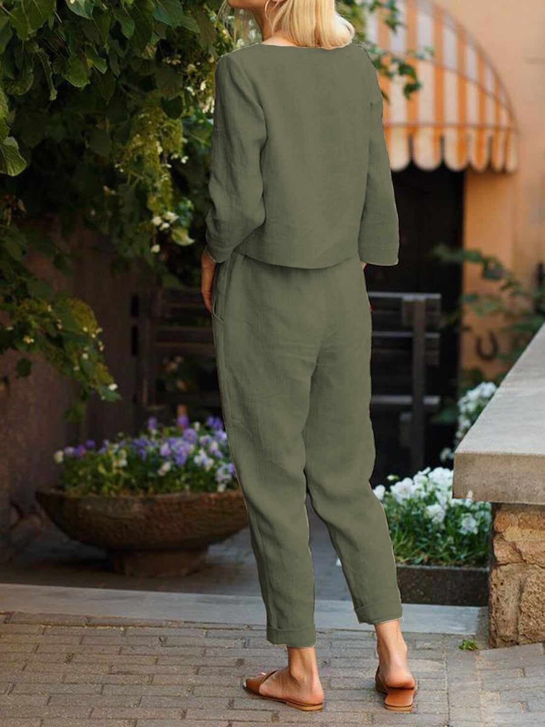 Cotton-linen monochrome capsule set with relaxed longline top and fluid wide-leg pants in neutral tones