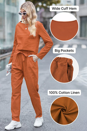 Women's Cotton-Linen Monochrome relaxed top and wide-leg pants set in rust color with cuffed hems and big pockets