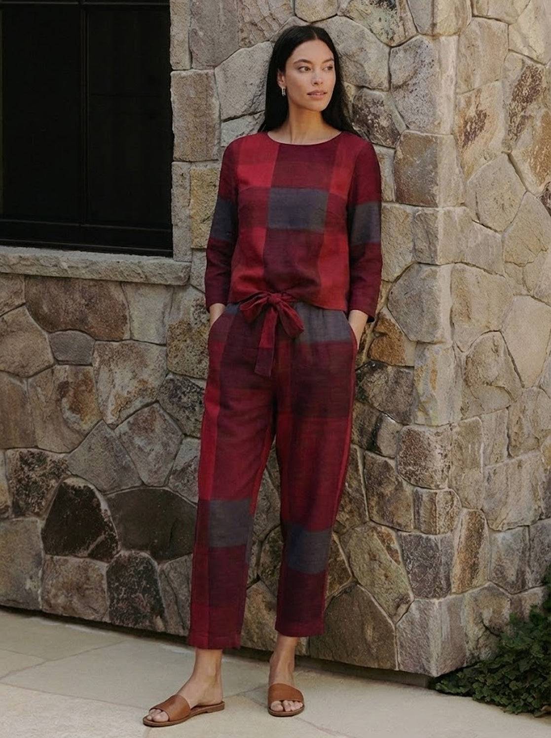 Woman wearing cotton-linen monochrome relaxed longline top and wide-leg pants set