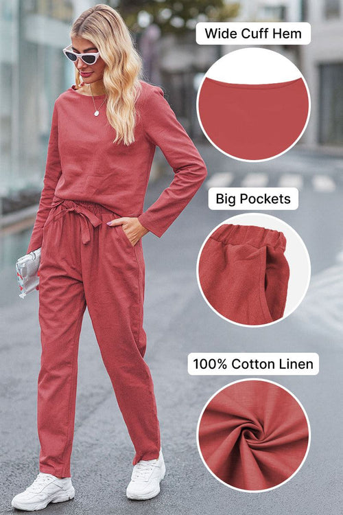 Woman wearing relaxed cotton-linen monochrome capsule outfit with wide cuff hem, big pockets, and elastic waist pants.